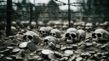 Money and skulls in a prison camp