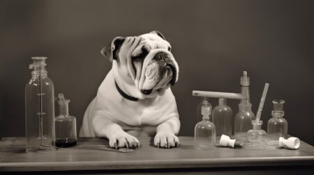 Bulldog at a science lab desk