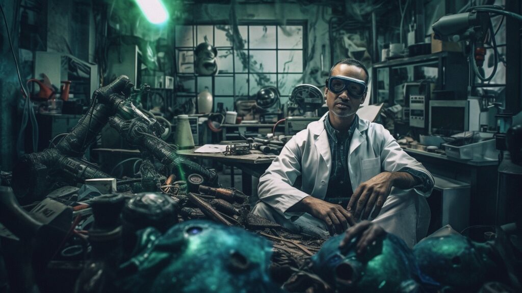 Scientist in a destroyed lab