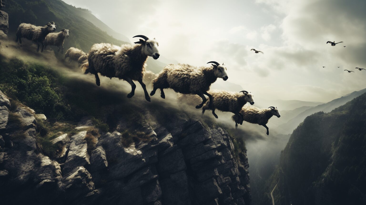 Sheep running off cliff