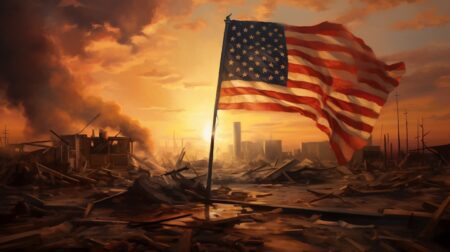 American flag and destruction