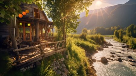 Wooden house by river