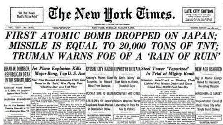 New York Times covering the atomic bombing of Hiroshima, circa 1945.