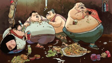 Group of obese people eating