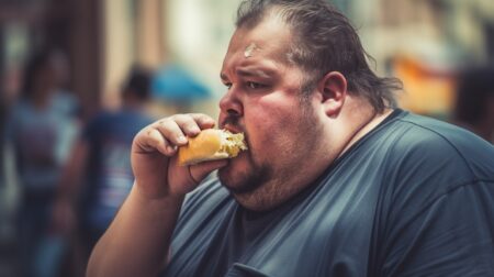Obese man eating burger