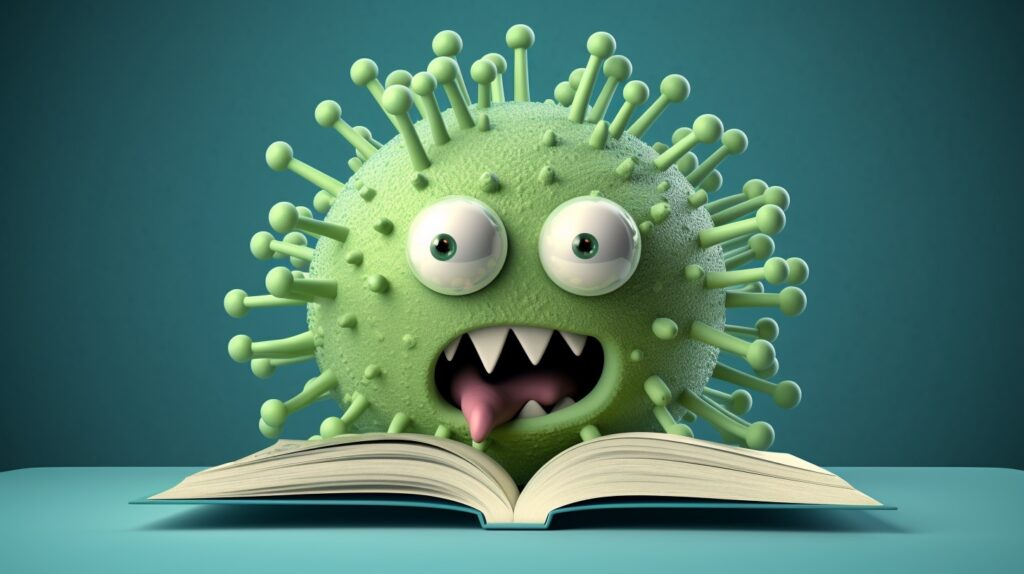 A virus reading a book