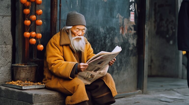 Old Chinese man reading newspaper