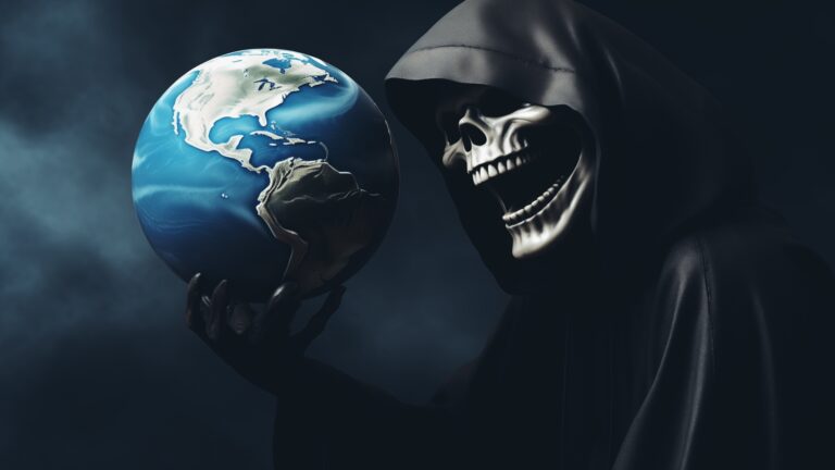 Grim Reaper laughing at world