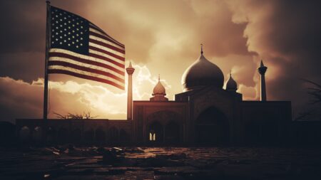 American flag next to mosque
