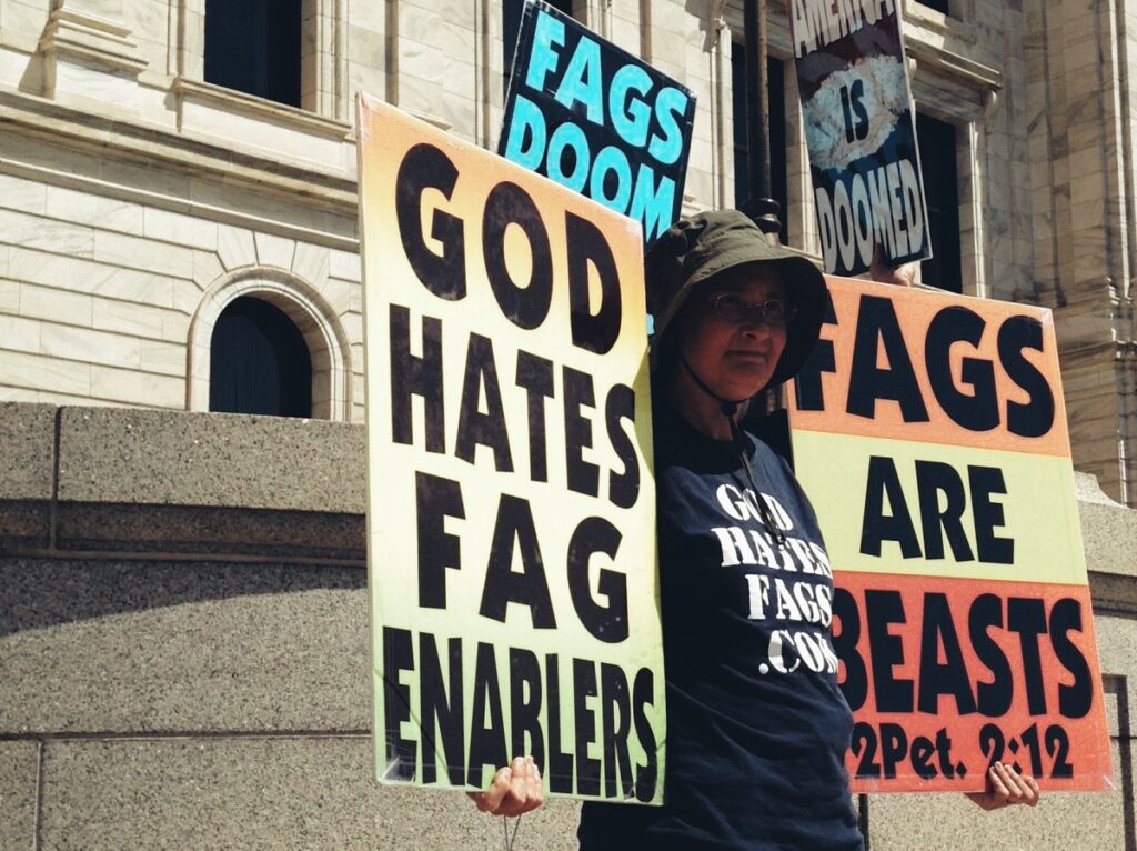 Westboro Baptist Church member picketing against homosexuality
