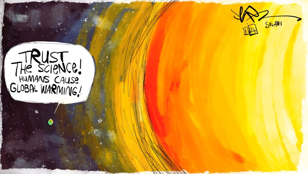 Cartoon about global warming, comparing the size of Earth and the Sun