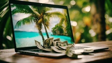 Money coming out of laptop on tropical island